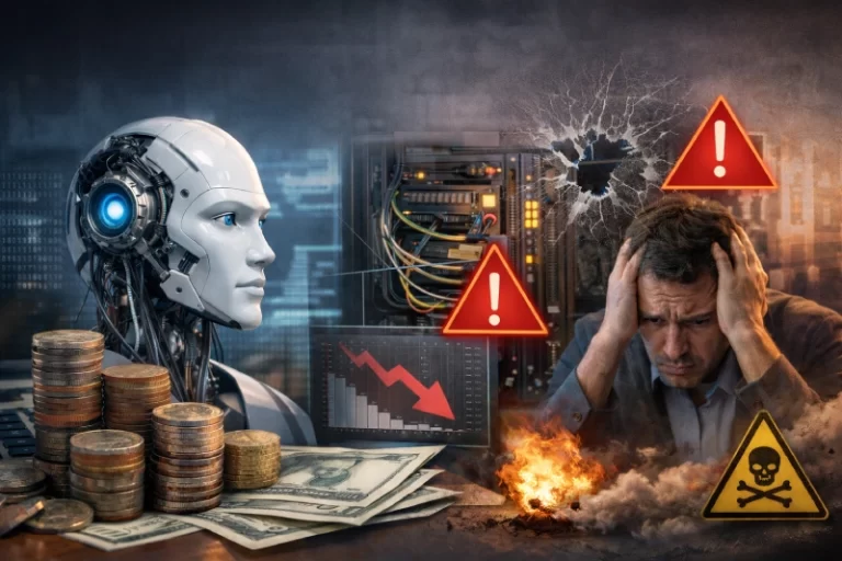 Una visualización dramática de los costos financieros ocultos de la inversión en IA y los riesgos éticos, legales y de seguridad que a menudo se pasan por alto al adoptar esta tecnología.